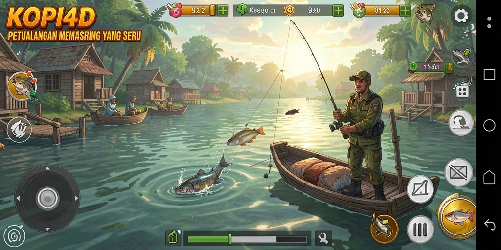 Screenshot gameplay KOPI4D menampilkan aksi memancing yang seru.