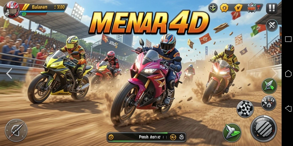 Tampilan screenshot MENARA4D menampilkan aksi balapan motor yang mendebarkan.